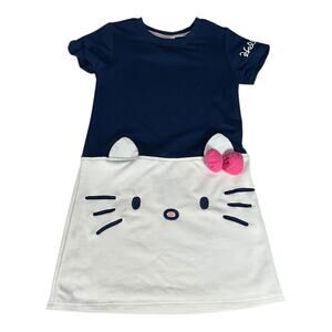 Hello Kitty Girls Dress Size 6 Navy White Cat Face Bow Ears Short Sleeve Cute